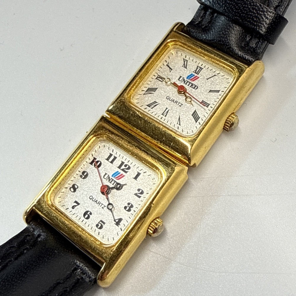 Vintage United Airlines Watch Dual Time Face Hinged Pilot